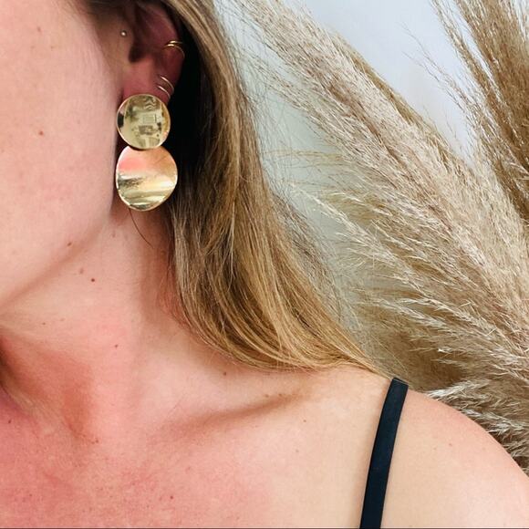 NEW NORDSTROM REVOLVE Gold Double Duo Disc Circle Stud Drop Earrings Jewelry - Picture 5 of 9